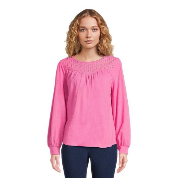 Time and Tru Women's Eyelet Top with Long Sleeves, Sizes XS-XXXL - Picture 6 of 10